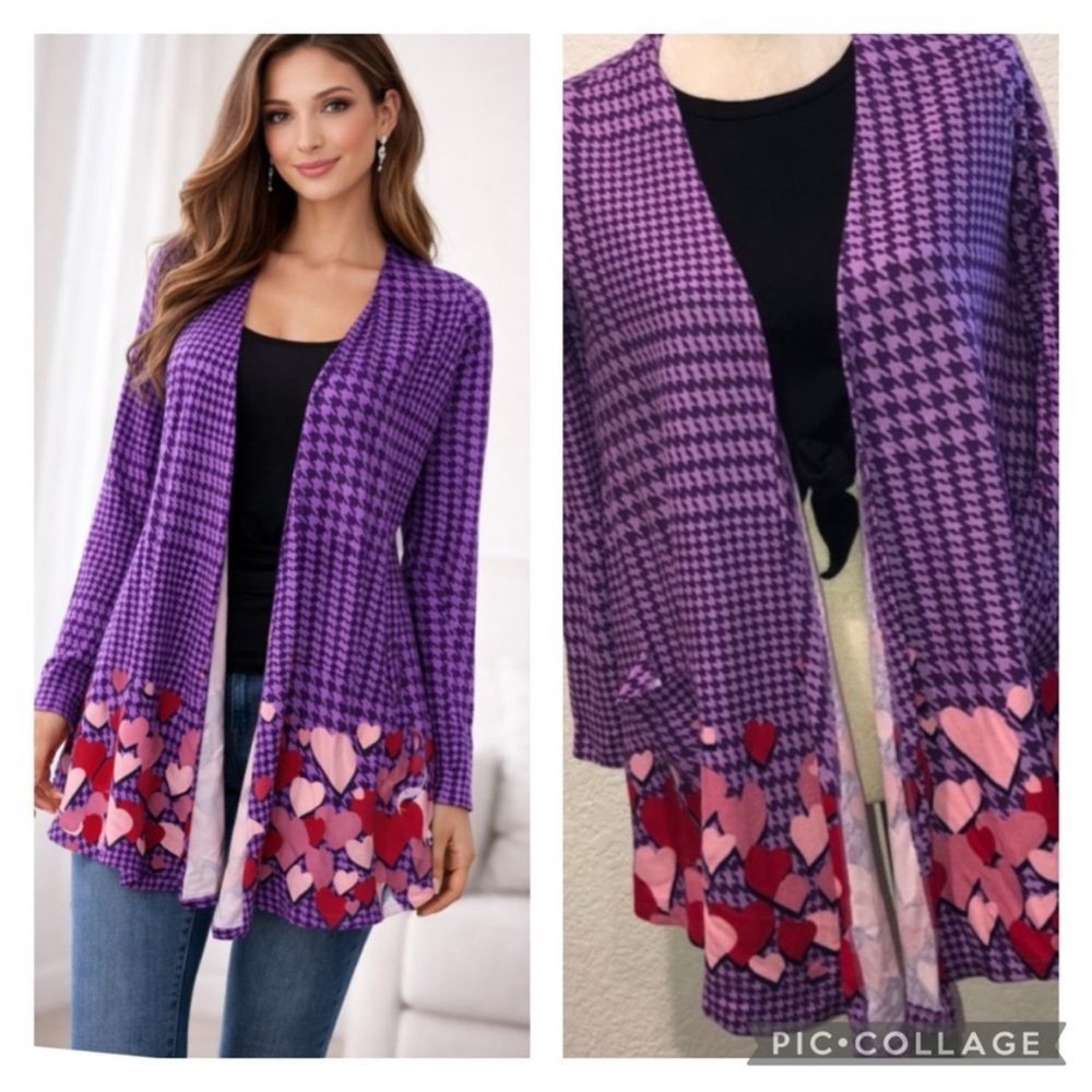 LuLaRoe Purple Houndstooth Cardigan with Pink Heart Accents